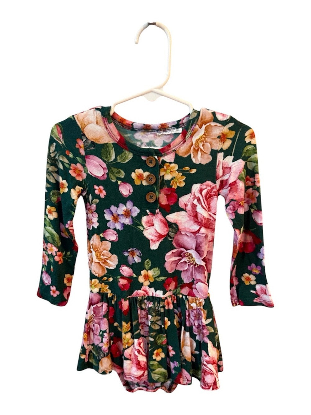 Posh Peanut green floral bamboo romper ruffle skirt bodysuit dress 18-24